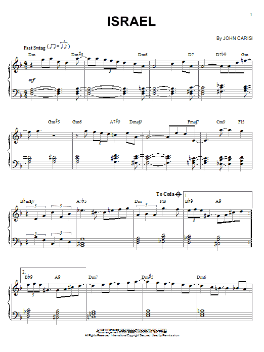 Miles Davis Israel sheet music notes and chords arranged for Piano Solo