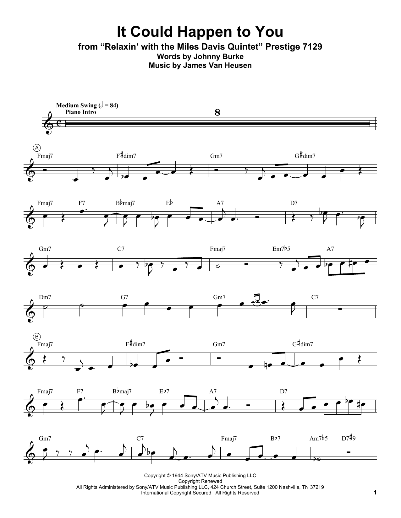 Miles Davis It Could Happen To You sheet music notes and chords. Download Printable PDF.