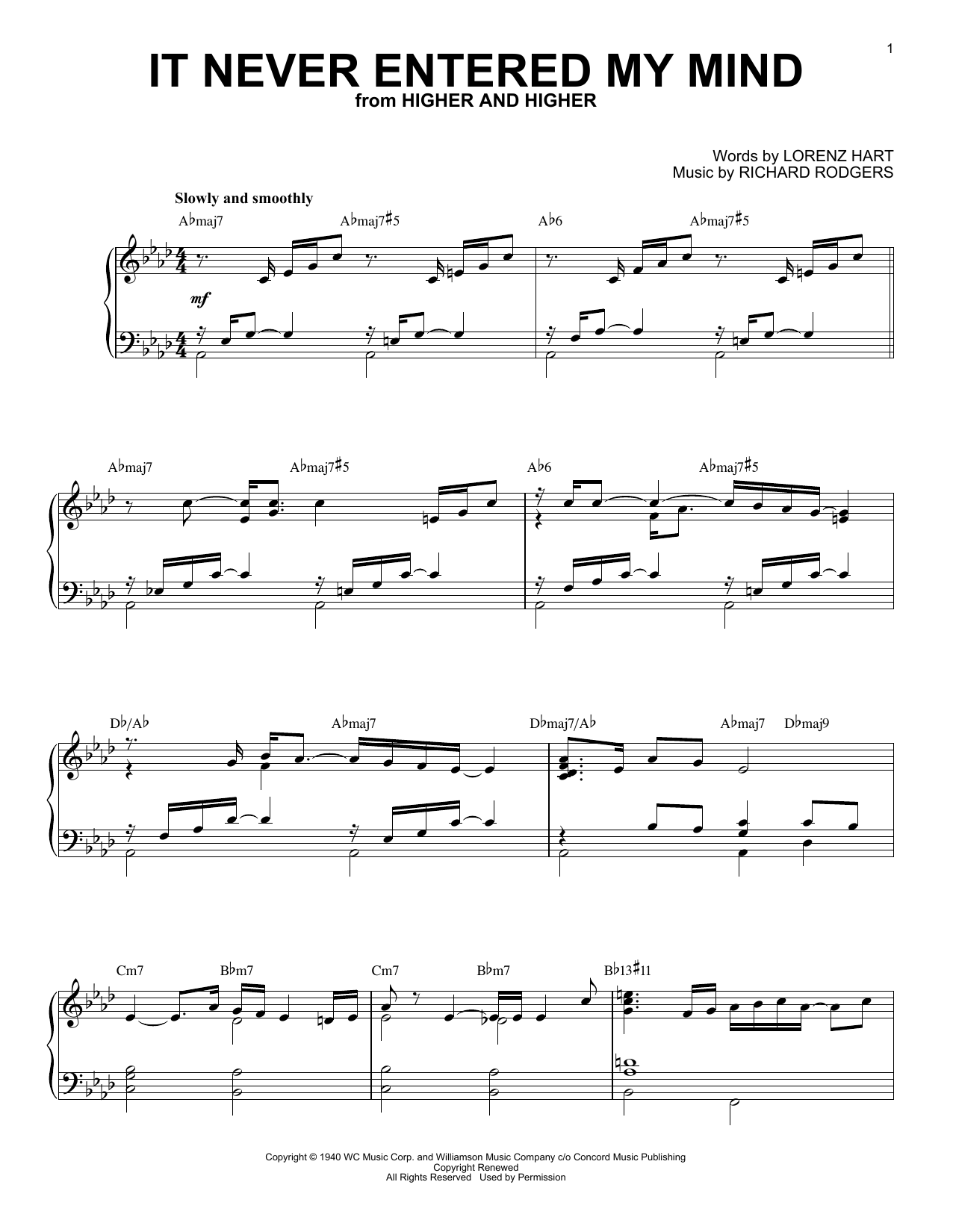 Miles Davis It Never Entered My Mind (from Runaway Bride) sheet music notes and chords. Download Printable PDF.