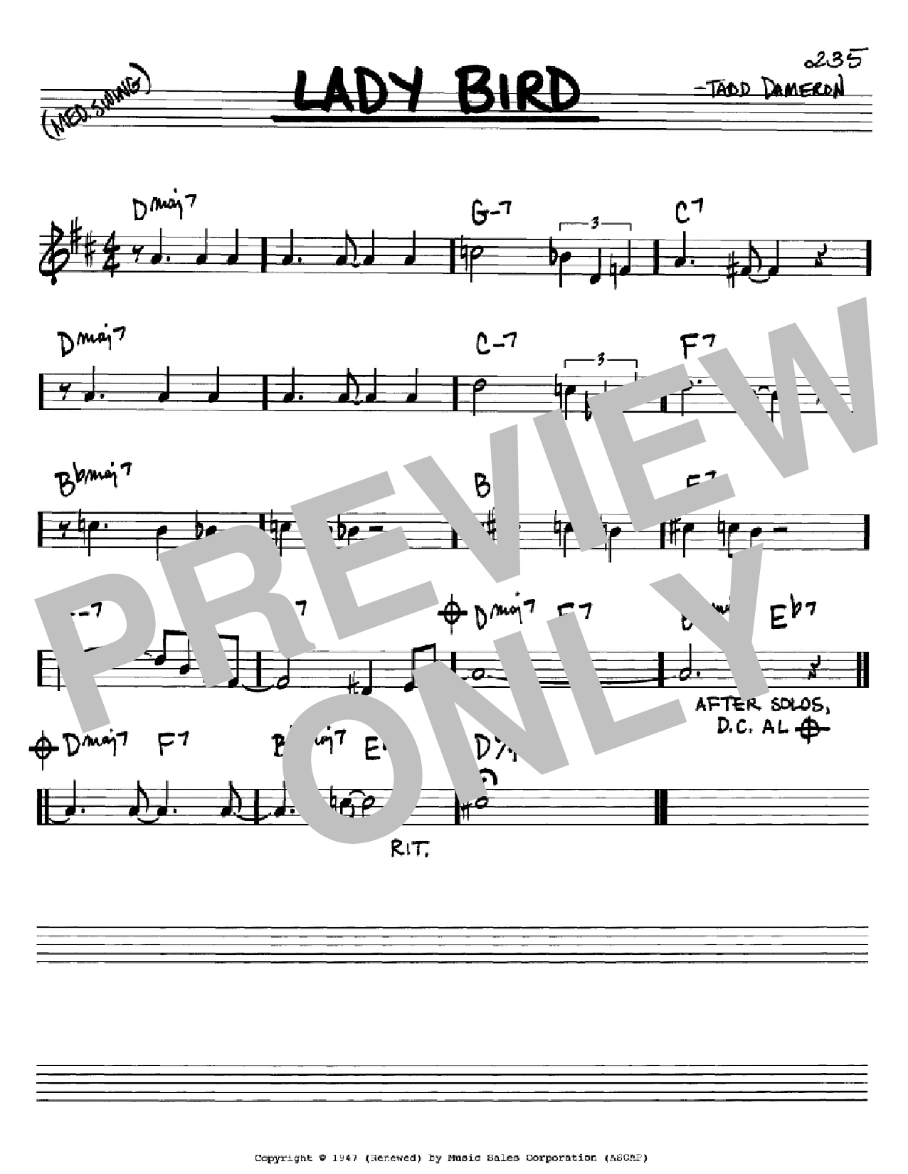 Miles Davis Lady Bird sheet music notes and chords. Download Printable PDF.