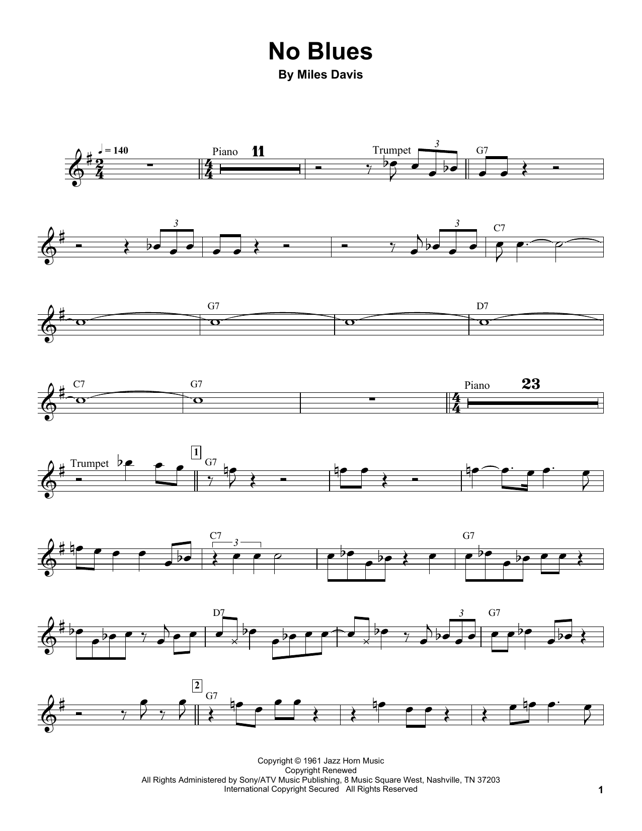 Learn to play Miles Davis No Blues sheet music for Trumpet Transcription in minutes. Price: 6.9900$ Miles Davis No Blues sheet music notes and chords arranged for Trumpet Transcription
