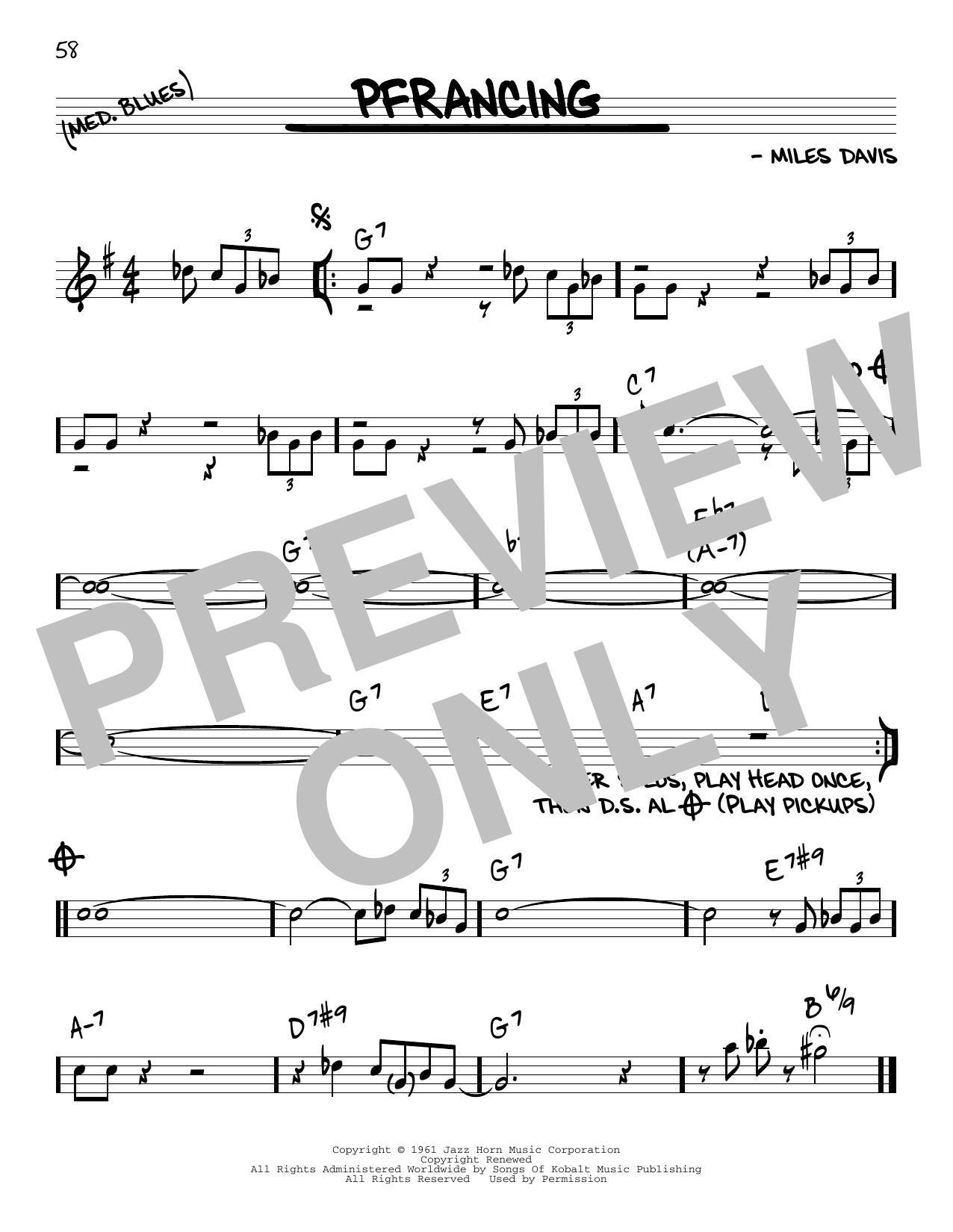 Miles Davis Pfrancing sheet music notes and chords. Download Printable PDF.