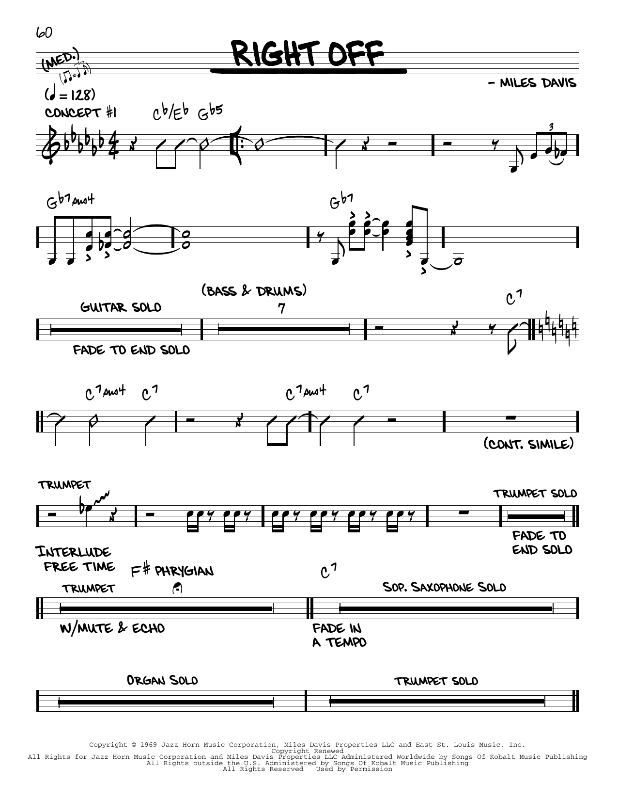 Miles Davis Right Off sheet music notes and chords. Download Printable PDF.