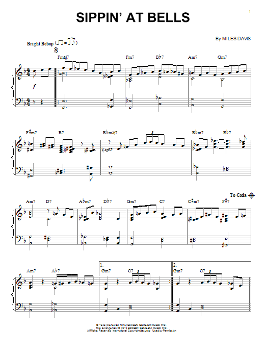 Miles Davis Sippin' At Bells sheet music notes and chords arranged for Piano Solo