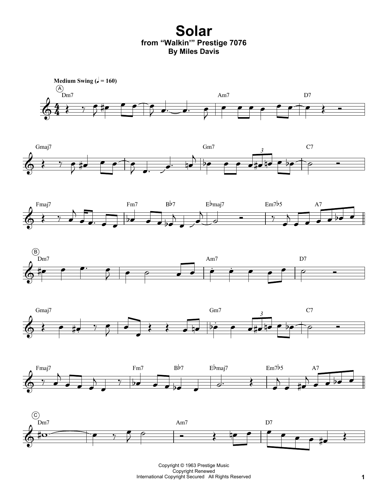 Miles Davis Solar sheet music notes and chords. Download Printable PDF.