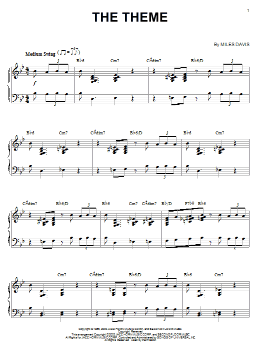 Miles Davis The Theme sheet music notes and chords arranged for Piano Solo