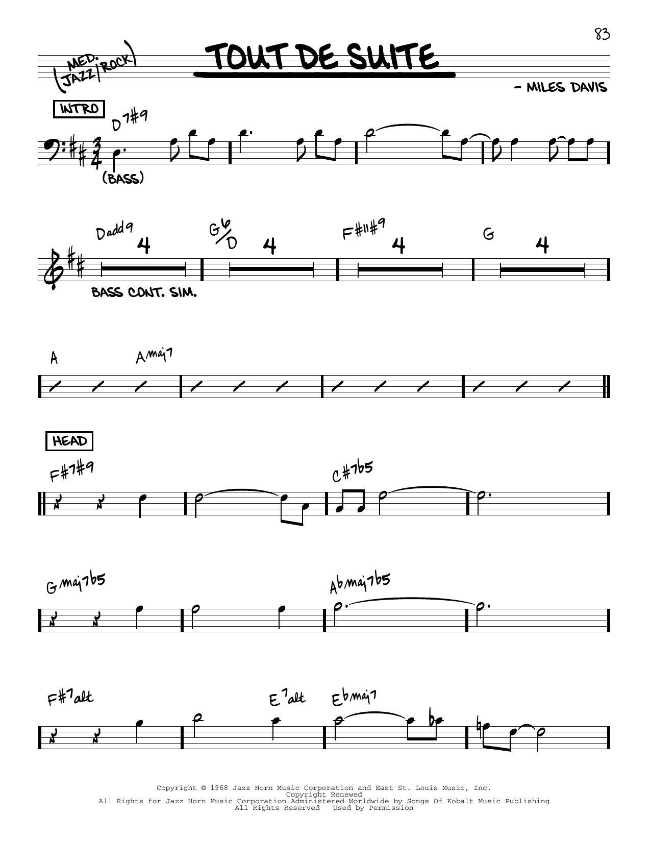 Learn to play Miles Davis Tout De Suite sheet music for Real Book – Melody & Chords in minutes. Price: 5.9900$ Miles Davis Tout De Suite sheet music notes and chords arranged for Real Book – Melody & Chords