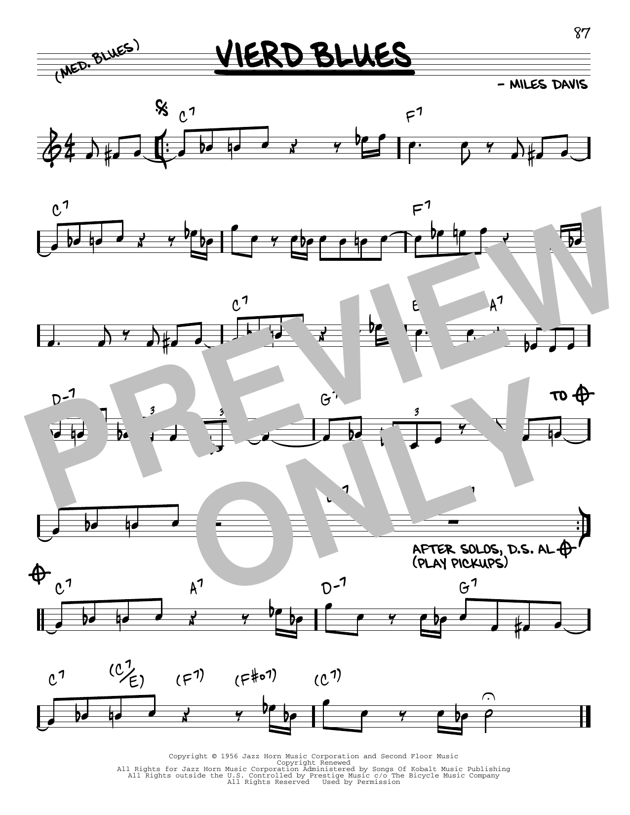Learn to play Miles Davis Vierd Blues sheet music for Real Book – Melody & Chords in minutes. Price: 5.9900$ Miles Davis Vierd Blues sheet music notes and chords arranged for Real Book – Melody & Chords