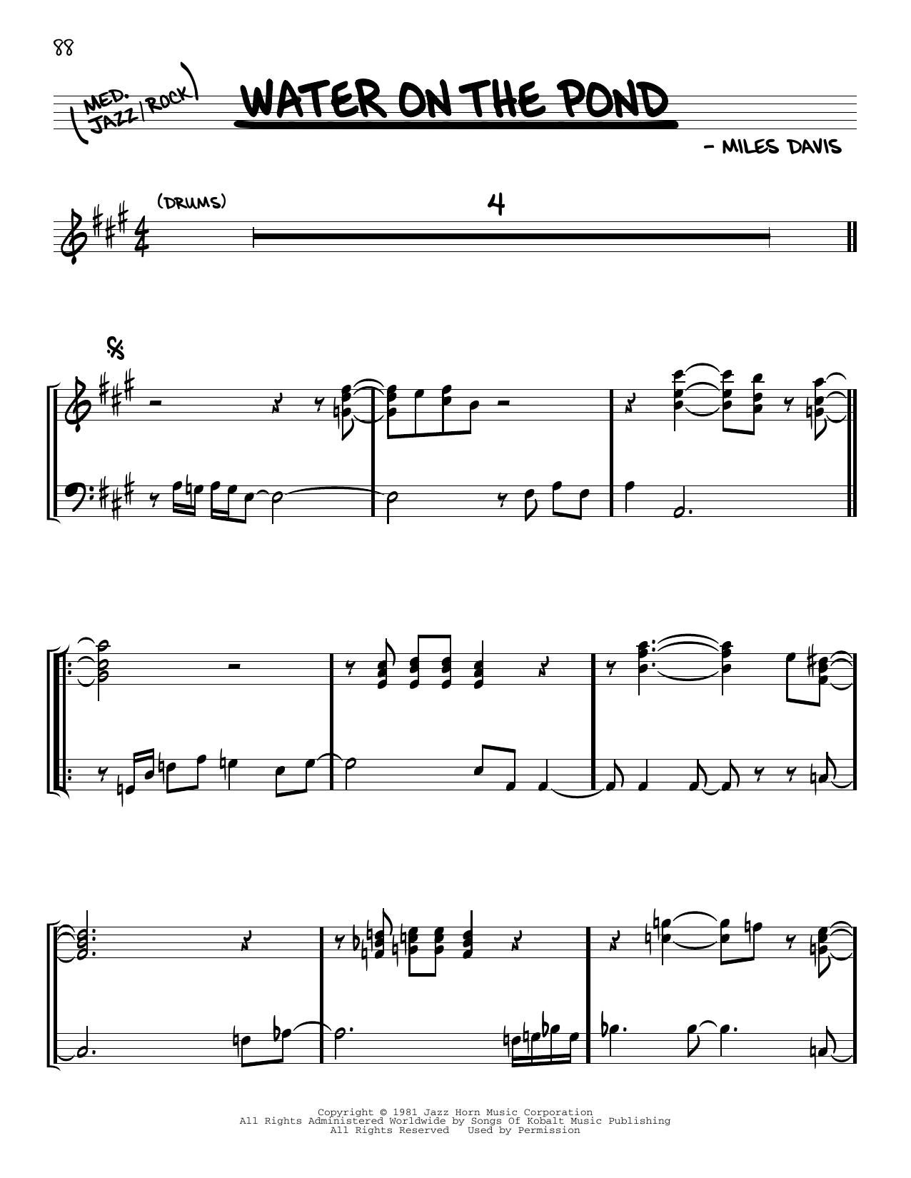 Learn to play Miles Davis Water On The Pond sheet music for Real Book – Melody & Chords in minutes. Price: 5.9900$ Miles Davis Water On The Pond sheet music notes and chords arranged for Real Book – Melody & Chords