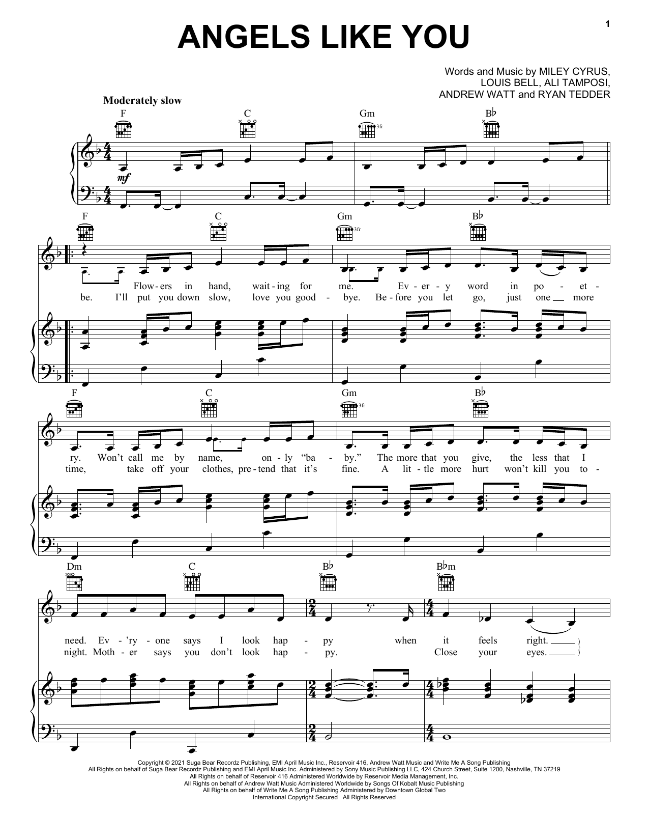 Miley Cyrus Angels Like You sheet music notes and chords. Download Printable PDF.