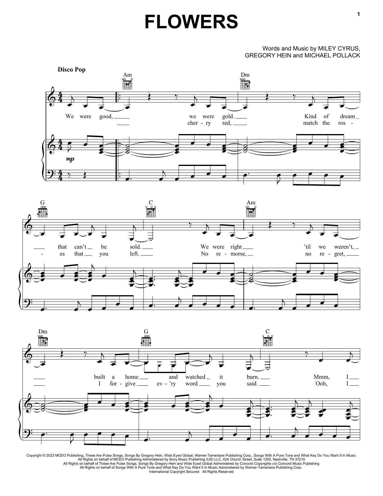 Miley Cyrus Flowers sheet music notes and chords. Download Printable PDF.