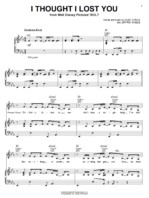 Learn to play Miley Cyrus I Thought I Lost You sheet music for Piano, Vocal & Guitar Chords (Right-Hand Melody) in minutes. Price: 7.8900$ Miley Cyrus I Thought I Lost You sheet music notes and chords arranged for Piano, Vocal & Guitar Chords (Right-Hand Melody)