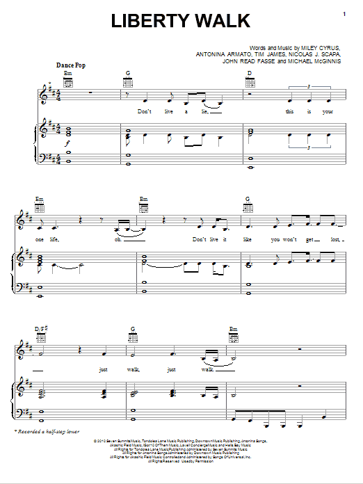 Learn to play Miley Cyrus Liberty Walk sheet music for Piano, Vocal & Guitar Chords (Right-Hand Melody) in minutes. Price: 7.8900$ Miley Cyrus Liberty Walk sheet music notes and chords arranged for Piano, Vocal & Guitar Chords (Right-Hand Melody)