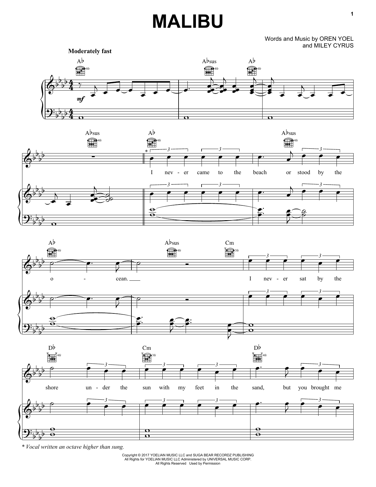 Miley Cyrus Malibu sheet music notes and chords. Download Printable PDF.