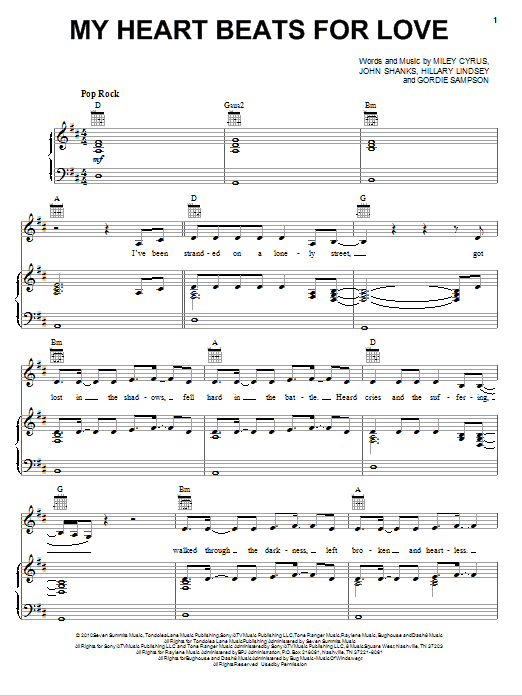Miley Cyrus My Heart Beats For Love sheet music notes and chords arranged for Piano, Vocal & Guitar Chords (Right-Hand Melody)