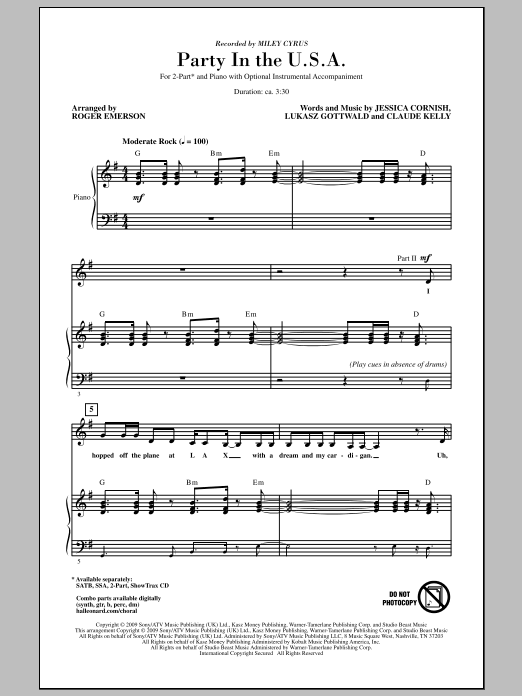 Miley Cyrus Party In The USA (arr. Roger Emerson) sheet music notes and chords. Download Printable PDF.