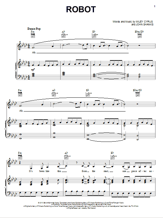 Learn to play Miley Cyrus Robot sheet music for Piano, Vocal & Guitar Chords (Right-Hand Melody) in minutes. Price: 7.8900$ Miley Cyrus Robot sheet music notes and chords arranged for Piano, Vocal & Guitar Chords (Right-Hand Melody)