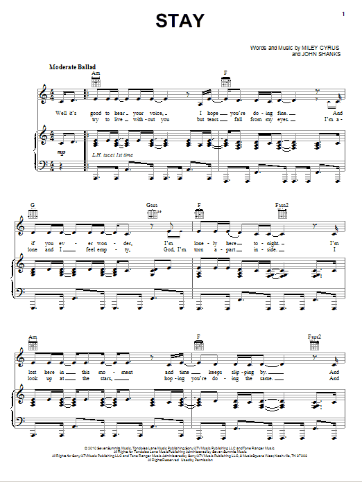 Miley Cyrus Stay sheet music notes and chords. Download Printable PDF.