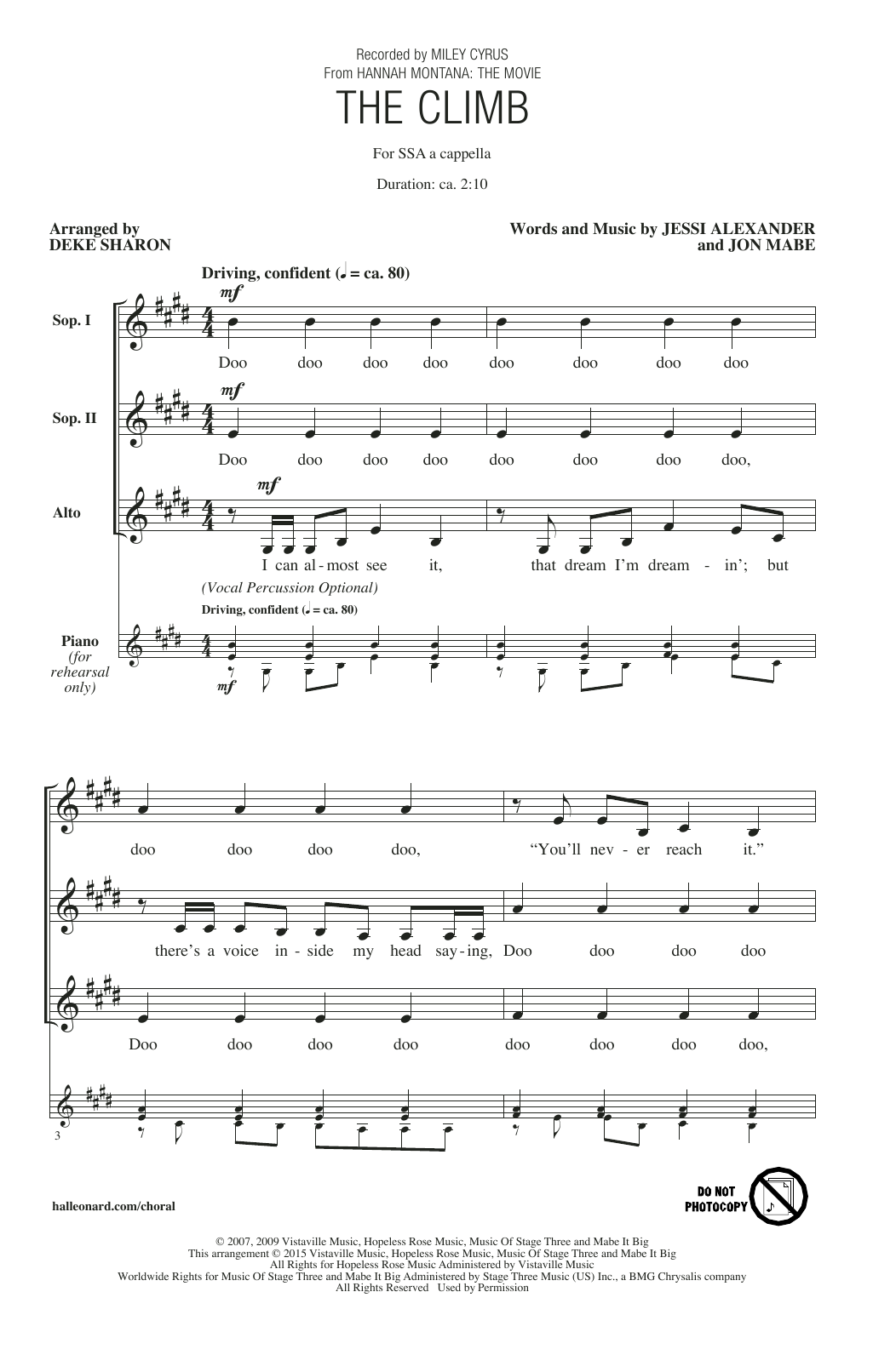 Miley Cyrus The Climb (arr. Deke Sharon) sheet music notes and chords arranged for SSA Choir