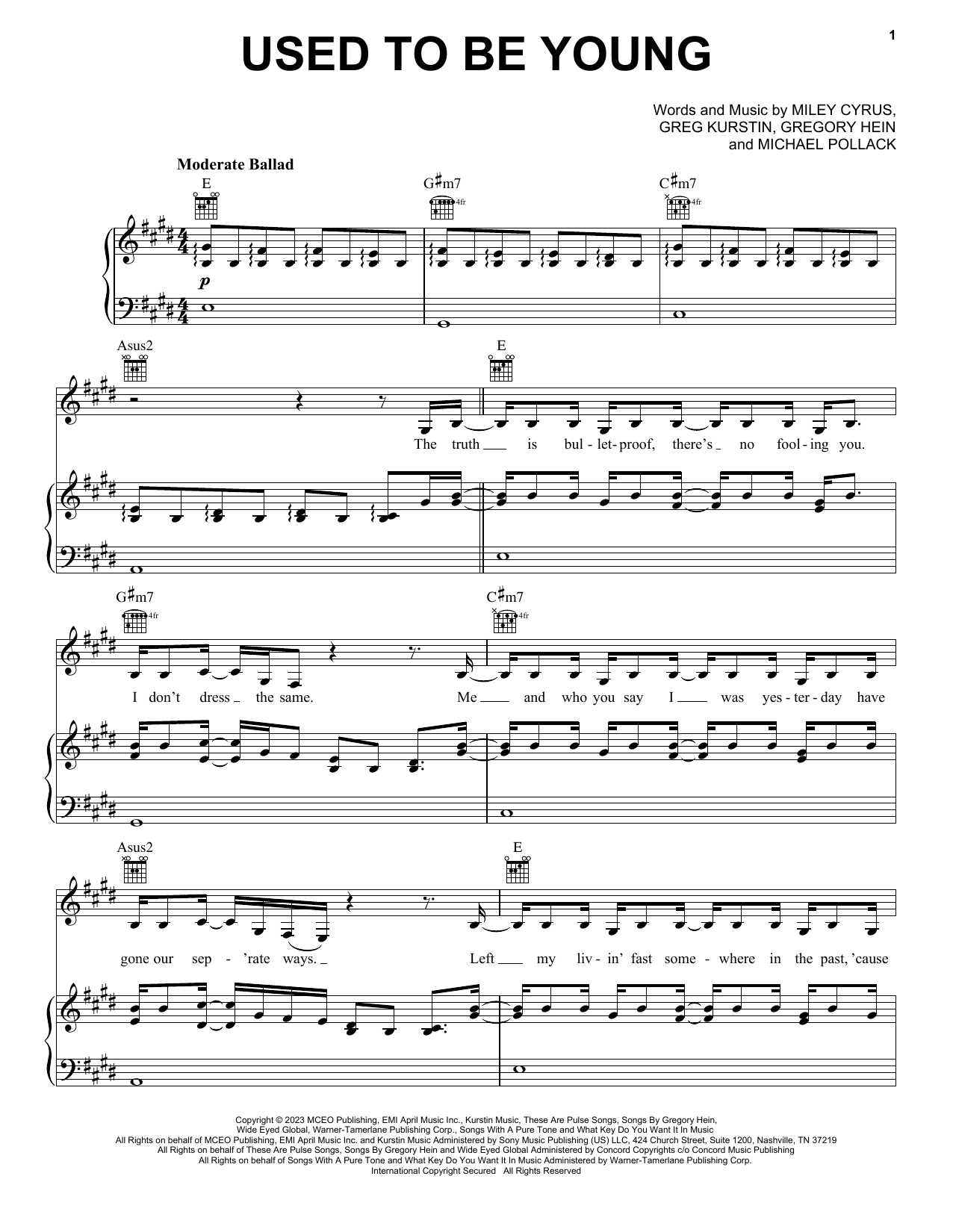 Miley Cyrus Used To Be Young sheet music notes and chords. Download Printable PDF.