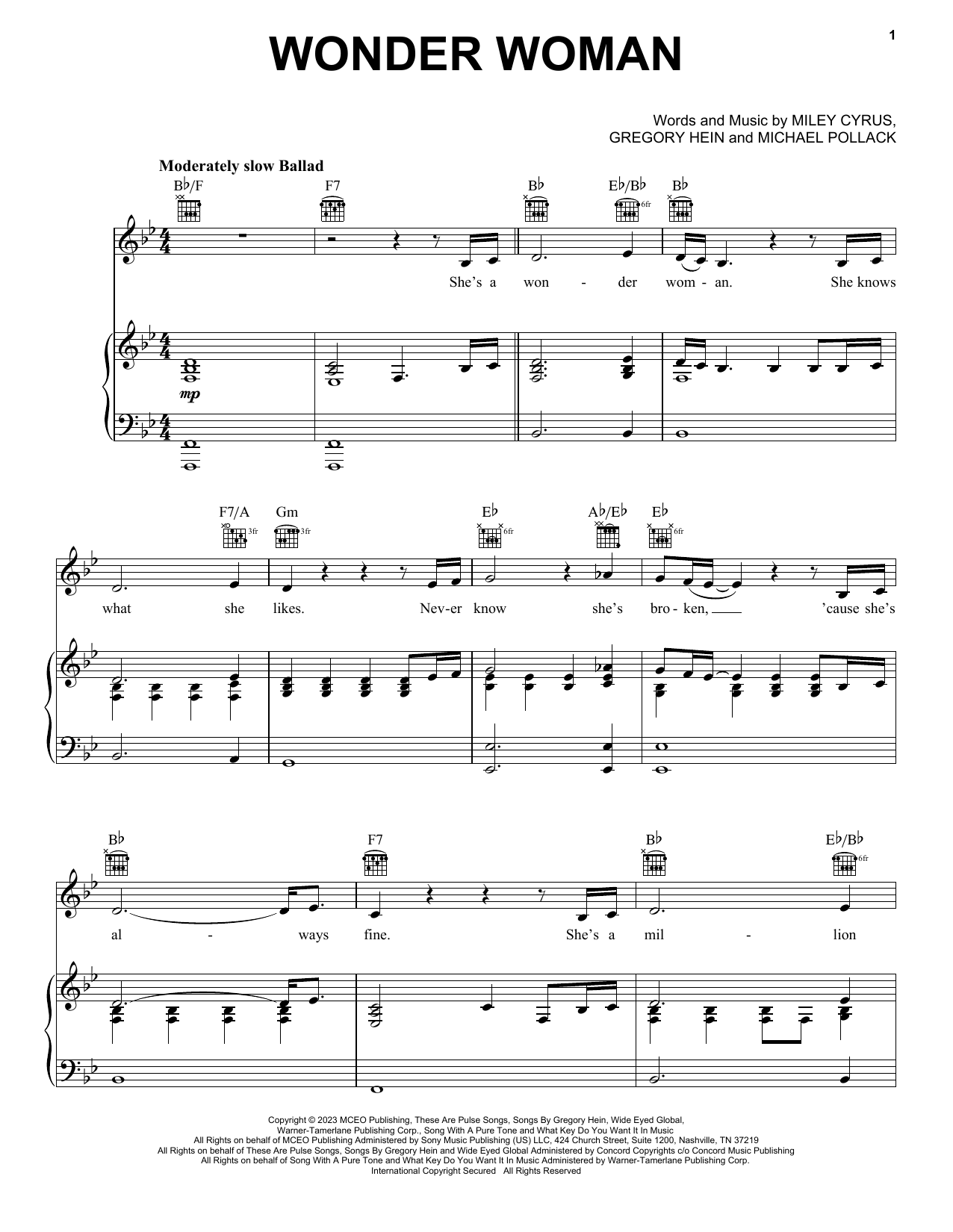 Miley Cyrus Wonder Woman sheet music notes and chords. Download Printable PDF.