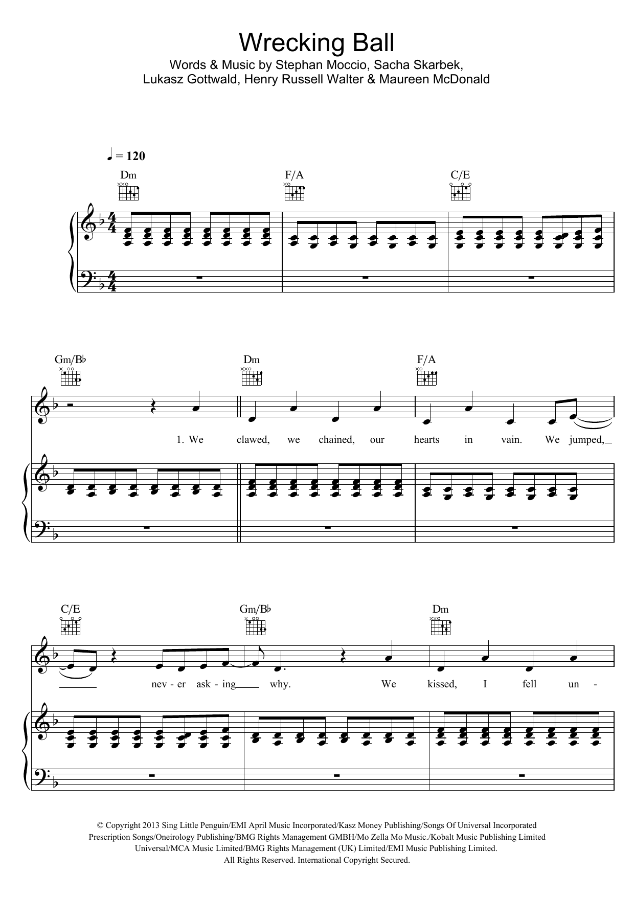 Miley Cyrus Wrecking Ball sheet music notes and chords. Download Printable PDF.