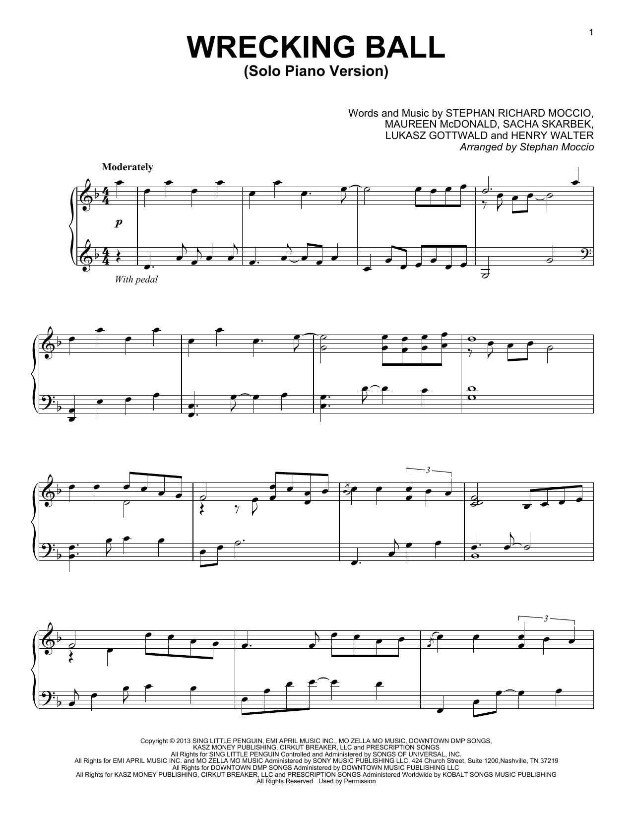 Miley Cyrus Wrecking Ball (Solo Piano Version) (arr. Stephan Moccio) sheet music notes and chords. Download Printable PDF.