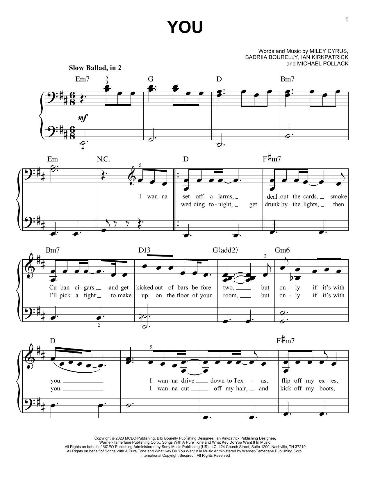 Miley Cyrus You sheet music notes and chords. Download Printable PDF.