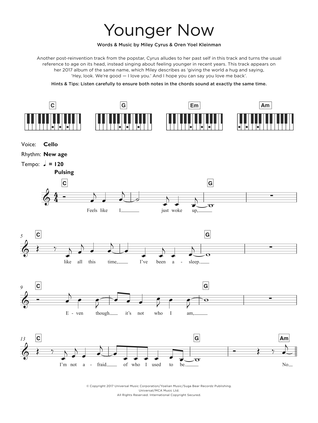 Miley Cyrus Younger Now sheet music notes and chords. Download Printable PDF.