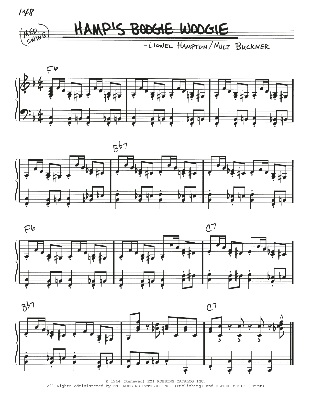Learn to play Milt Buckner Hamp's Boogie Woogie sheet music for Real Book – Melody & Chords in minutes. Price: 5.9900$ Milt Buckner Hamp's Boogie Woogie sheet music notes and chords arranged for Real Book – Melody & Chords