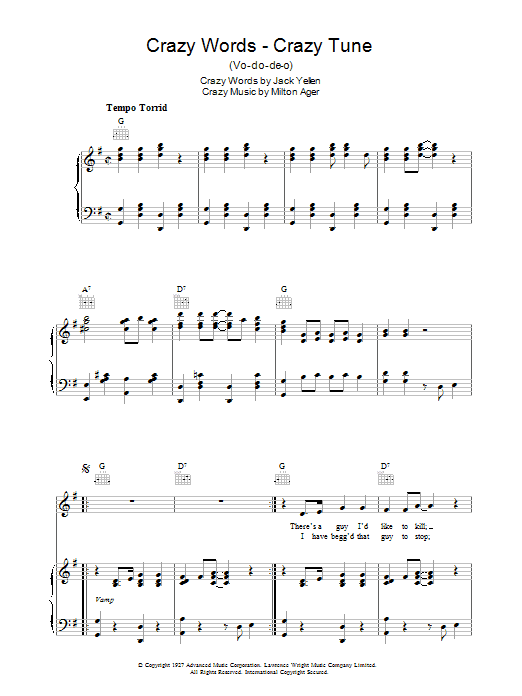 Learn to play Jack Yellen Crazy Words, Crazy Tune sheet music for Piano, Vocal & Guitar Chords in minutes. Price: 7.8900$ Jack Yellen Crazy Words, Crazy Tune sheet music notes and chords arranged for Piano, Vocal & Guitar Chords