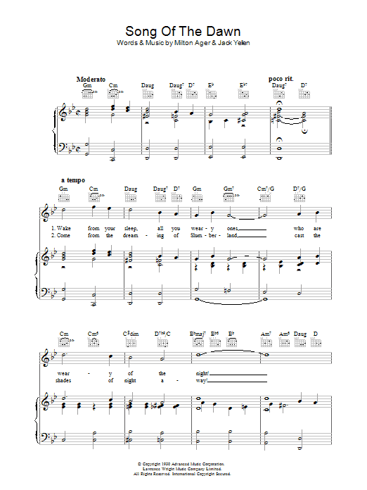 Milton Ager Song Of The Dawn sheet music notes and chords arranged for Piano, Vocal & Guitar Chords