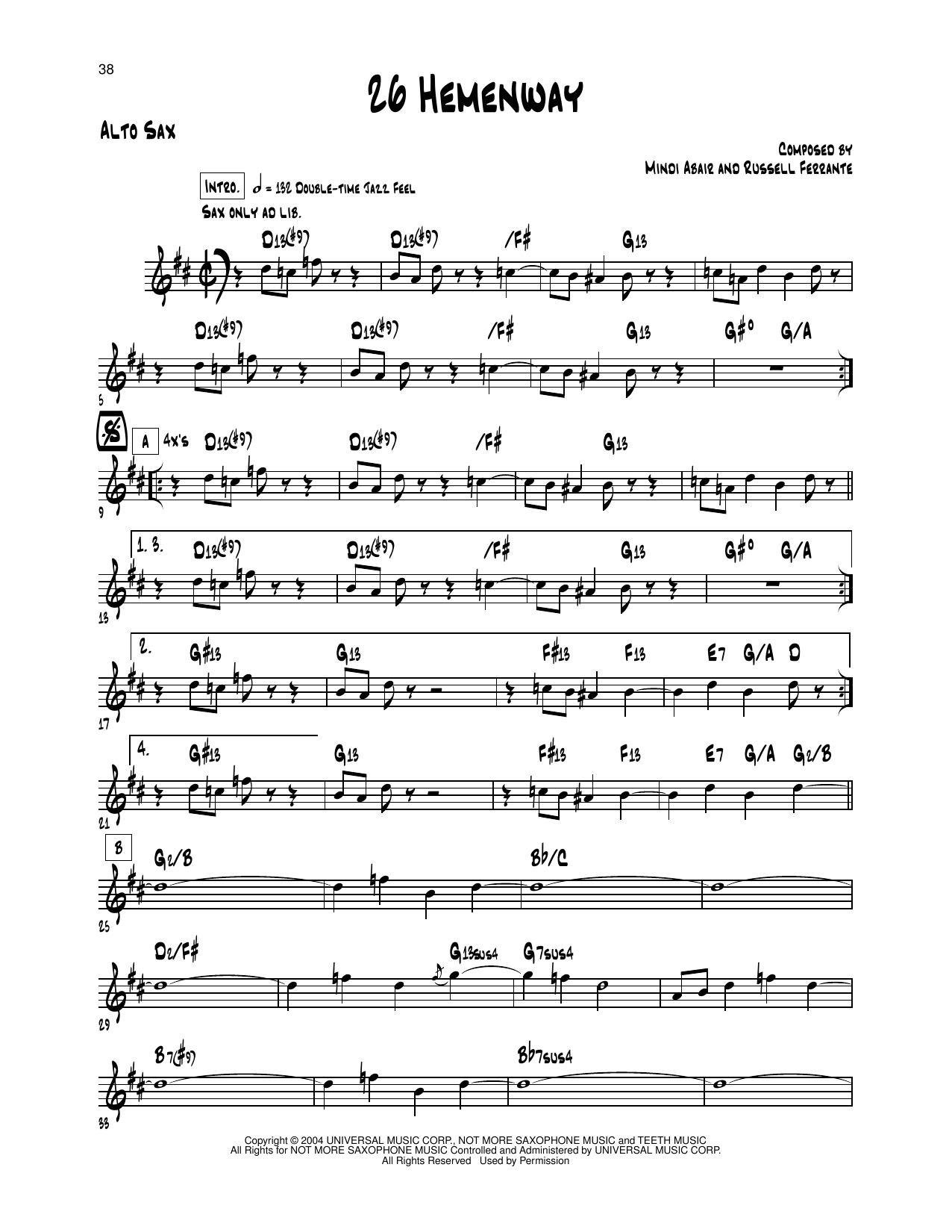 Learn to play Mindi Abair 26 Hemenway sheet music for Alto Sax Transcription in minutes. Price: 5.9900$ Mindi Abair 26 Hemenway sheet music notes and chords arranged for Alto Sax Transcription