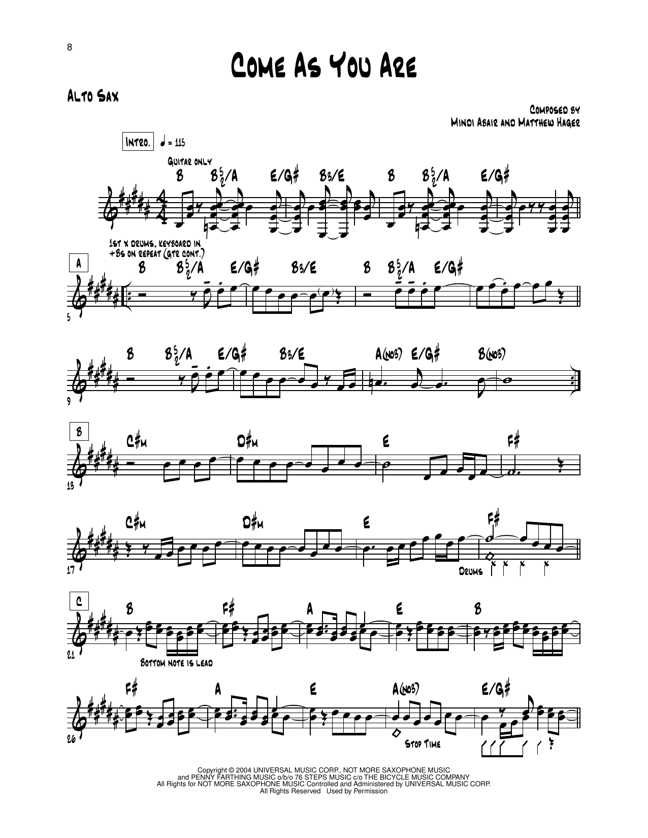Learn to play Mindi Abair Come As You Are sheet music for Alto Sax Transcription in minutes. Price: 5.9900$ Mindi Abair Come As You Are sheet music notes and chords arranged for Alto Sax Transcription