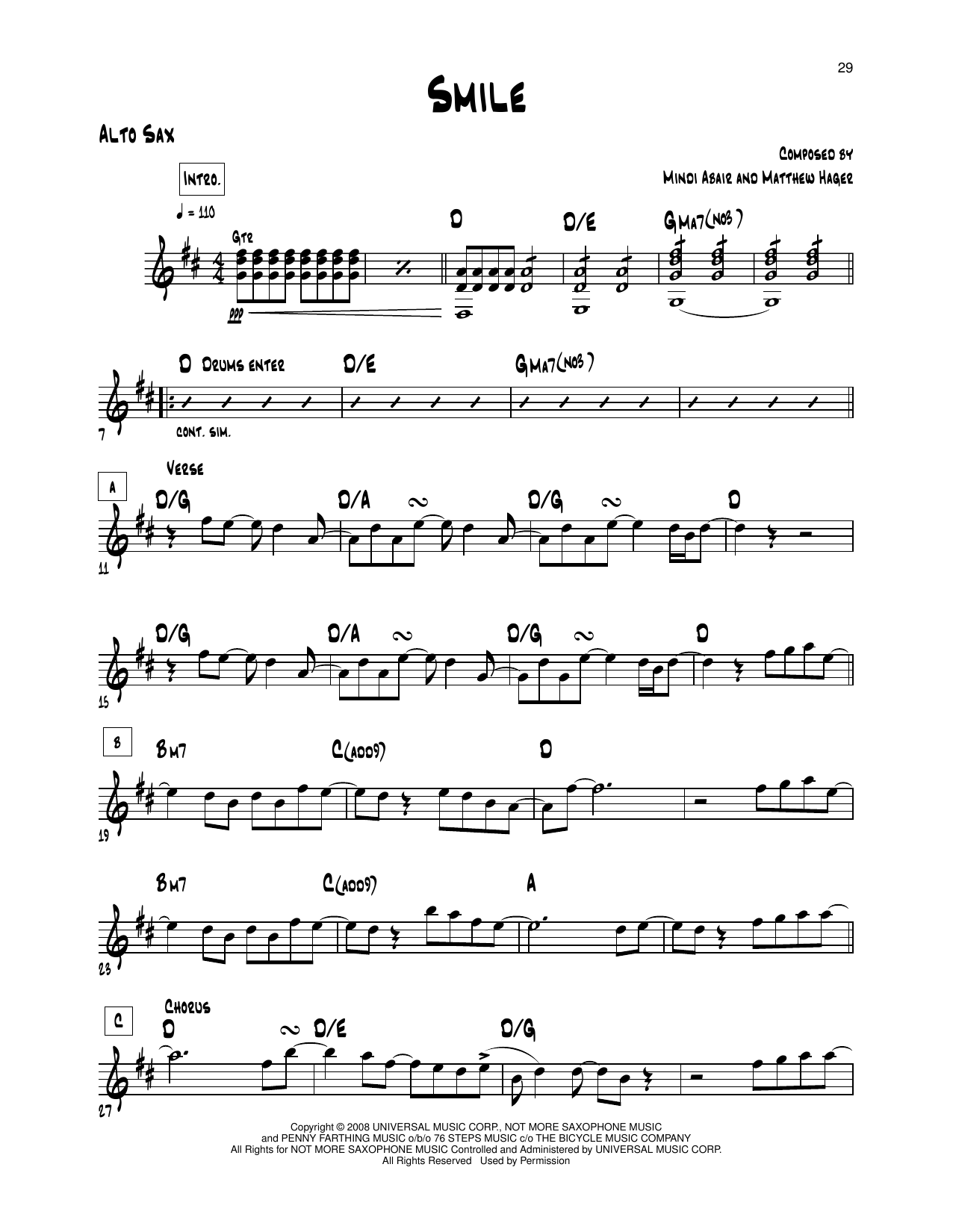 Learn to play Mindi Abair Smile sheet music for Alto Sax Transcription in minutes. Price: 5.9900$ Mindi Abair Smile sheet music notes and chords arranged for Alto Sax Transcription