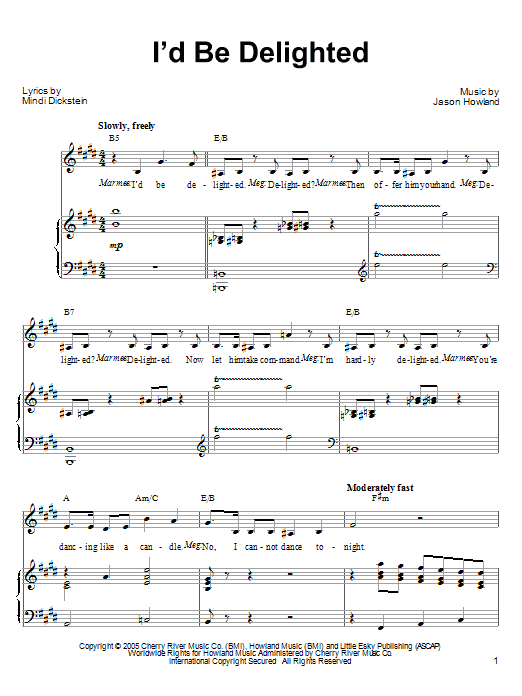 Learn to play Mindi Dickstein I'd Be Delighted (from Little Women: The Musical) sheet music for Piano, Vocal & Guitar Chords (Right-Hand Melody) in minutes. Price: 7.8900$ Mindi Dickstein I'd Be Delighted (from Little Women: The Musical) sheet music notes and chords arranged for Piano, Vocal & Guitar Chords (Right-Hand Melody)