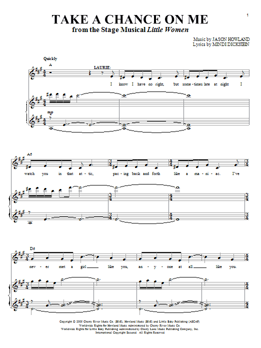 Learn to play Mindi Dickstein Take A Chance On Me sheet music for Piano, Vocal & Guitar Chords (Right-Hand Melody) in minutes. Price: 7.8900$ Mindi Dickstein Take A Chance On Me sheet music notes and chords arranged for Piano, Vocal & Guitar Chords (Right-Hand Melody)