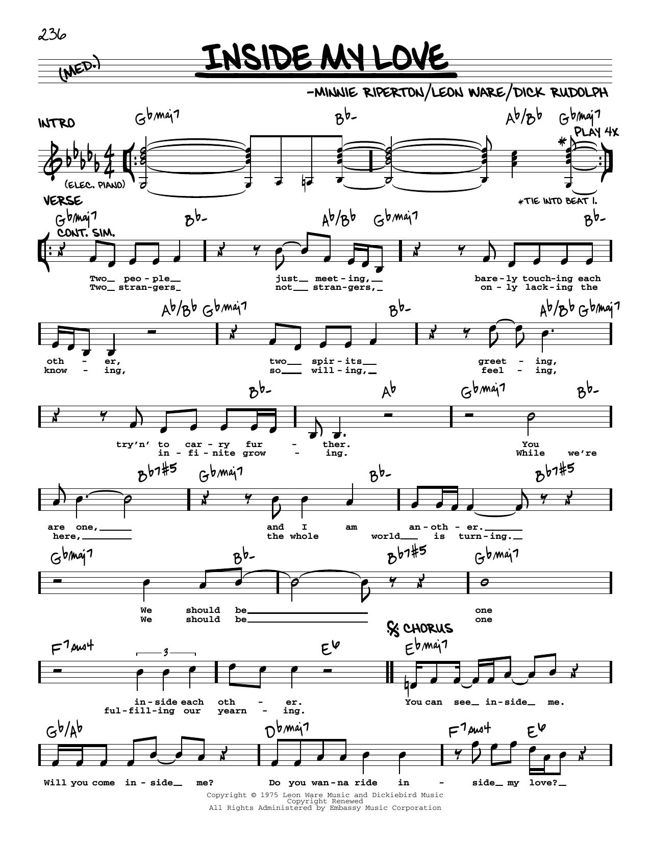 Minnie Riperton Inside My Love sheet music notes and chords. Download Printable PDF.