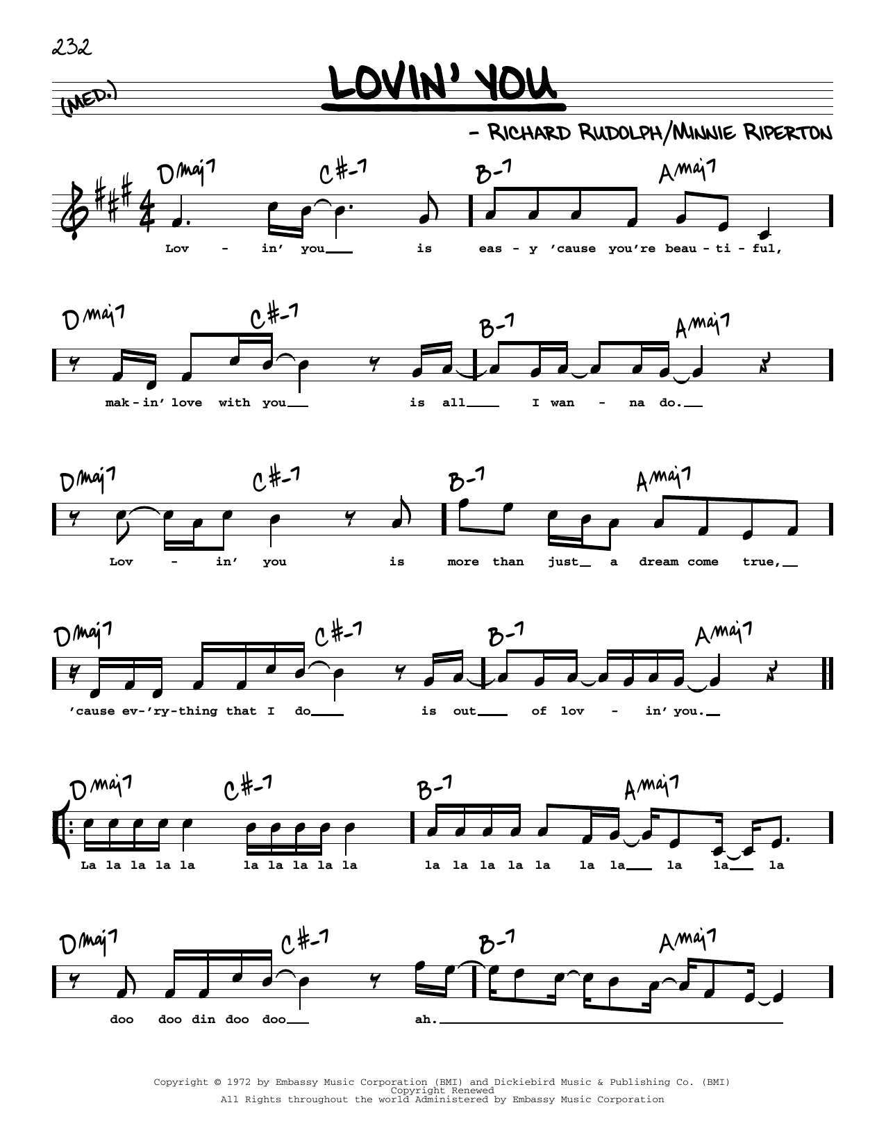 Learn to play Minnie Riperton Lovin' You (High Voice) sheet music for Real Book – Melody, Lyrics & Chords in minutes. Price: 5.9900$ Minnie Riperton Lovin' You (High Voice) sheet music notes and chords arranged for Real Book – Melody, Lyrics & Chords
