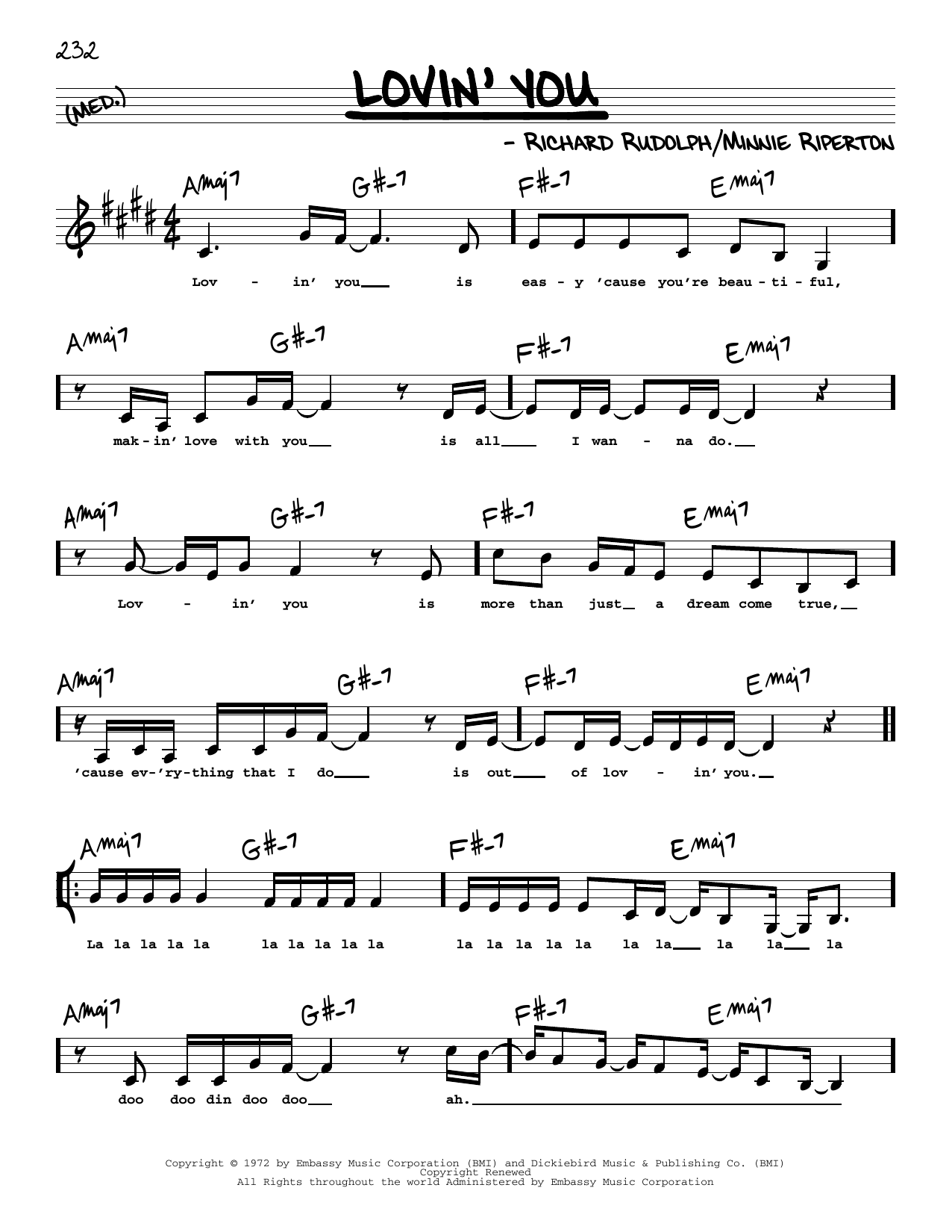 Minnie Riperton Lovin' You (Low Voice) sheet music notes and chords. Download Printable PDF.