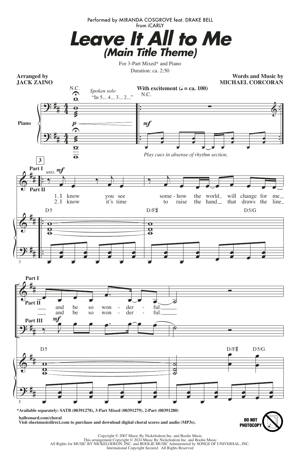 Miranda Cosgrove Leave It All To Me (Main Title Theme from iCarly) (arr. Jack Zaino) sheet music notes and chords. Download Printable PDF.