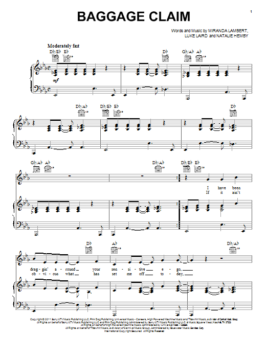 Learn to play Miranda Lambert Baggage Claim sheet music for Piano, Vocal & Guitar Chords (Right-Hand Melody) in minutes. Price: 7.8900$ Miranda Lambert Baggage Claim sheet music notes and chords arranged for Piano, Vocal & Guitar Chords (Right-Hand Melody)