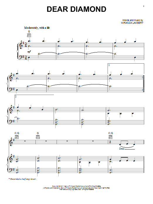 Learn to play Miranda Lambert Dear Diamond sheet music for Piano, Vocal & Guitar Chords (Right-Hand Melody) in minutes. Price: 7.8900$ Miranda Lambert Dear Diamond sheet music notes and chords arranged for Piano, Vocal & Guitar Chords (Right-Hand Melody)