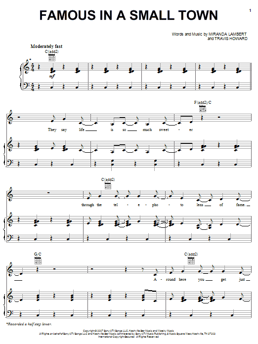 Learn to play Miranda Lambert Famous In A Small Town sheet music for Piano, Vocal & Guitar Chords (Right-Hand Melody) in minutes. Price: 7.8900$ Miranda Lambert Famous In A Small Town sheet music notes and chords arranged for Piano, Vocal & Guitar Chords (Right-Hand Melody)