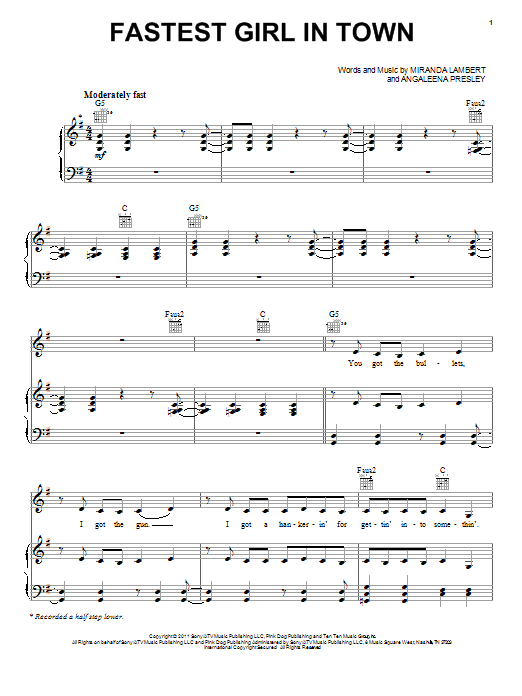 Learn to play Miranda Lambert Fastest Girl In Town sheet music for Piano, Vocal & Guitar Chords (Right-Hand Melody) in minutes. Price: 7.8900$ Miranda Lambert Fastest Girl In Town sheet music notes and chords arranged for Piano, Vocal & Guitar Chords (Right-Hand Melody)