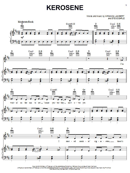 Miranda Lambert Kerosene sheet music notes and chords arranged for Piano, Vocal & Guitar Chords (Right-Hand Melody)