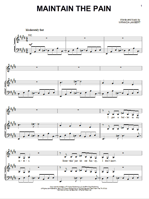 Learn to play Miranda Lambert Maintain The Pain sheet music for Piano, Vocal & Guitar Chords (Right-Hand Melody) in minutes. Price: 7.8900$ Miranda Lambert Maintain The Pain sheet music notes and chords arranged for Piano, Vocal & Guitar Chords (Right-Hand Melody)