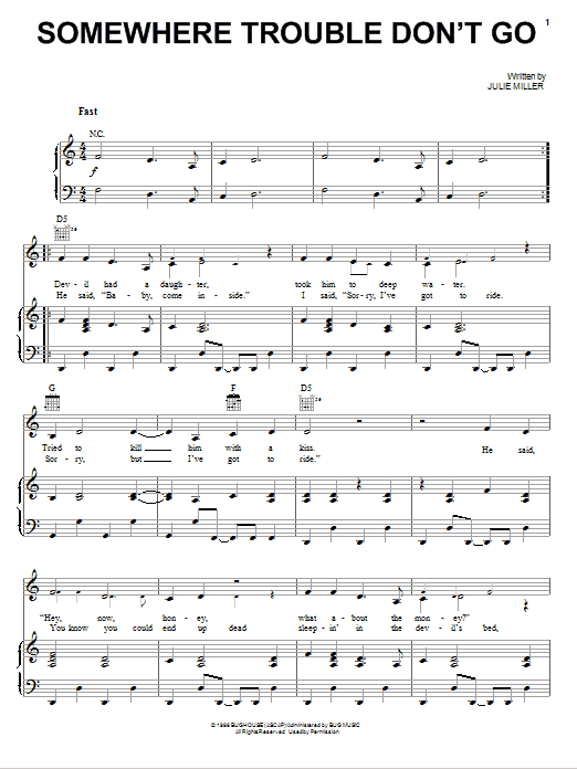 Learn to play Miranda Lambert Somewhere Trouble Don't Go sheet music for Piano, Vocal & Guitar Chords (Right-Hand Melody) in minutes. Price: 7.8900$ Miranda Lambert Somewhere Trouble Don't Go sheet music notes and chords arranged for Piano, Vocal & Guitar Chords (Right-Hand Melody)