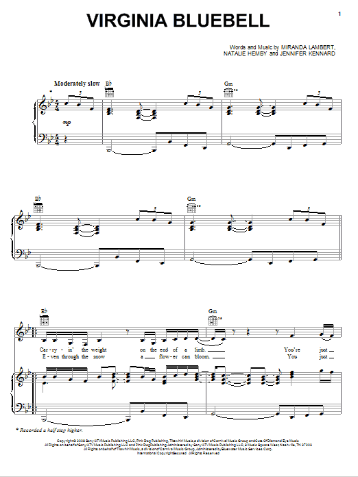 Learn to play Miranda Lambert Virginia Bluebell sheet music for Piano, Vocal & Guitar Chords (Right-Hand Melody) in minutes. Price: 7.8900$ Miranda Lambert Virginia Bluebell sheet music notes and chords arranged for Piano, Vocal & Guitar Chords (Right-Hand Melody)