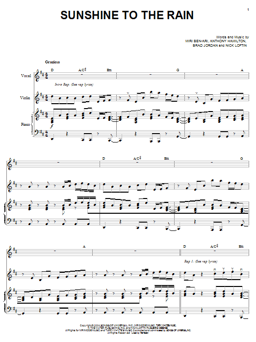Learn to play Miri Ben-Ari featuring Scarface & Anthony Hamilton Sunshine To The Rain sheet music for Piano, Vocal & Guitar Chords (Right-Hand Melody) in minutes. Price: 7.8900$ Miri Ben-Ari featuring Scarface & Anthony Hamilton Sunshine To The Rain sheet music notes and chords arranged for Piano, Vocal & Guitar Chords (Right-Hand Melody)